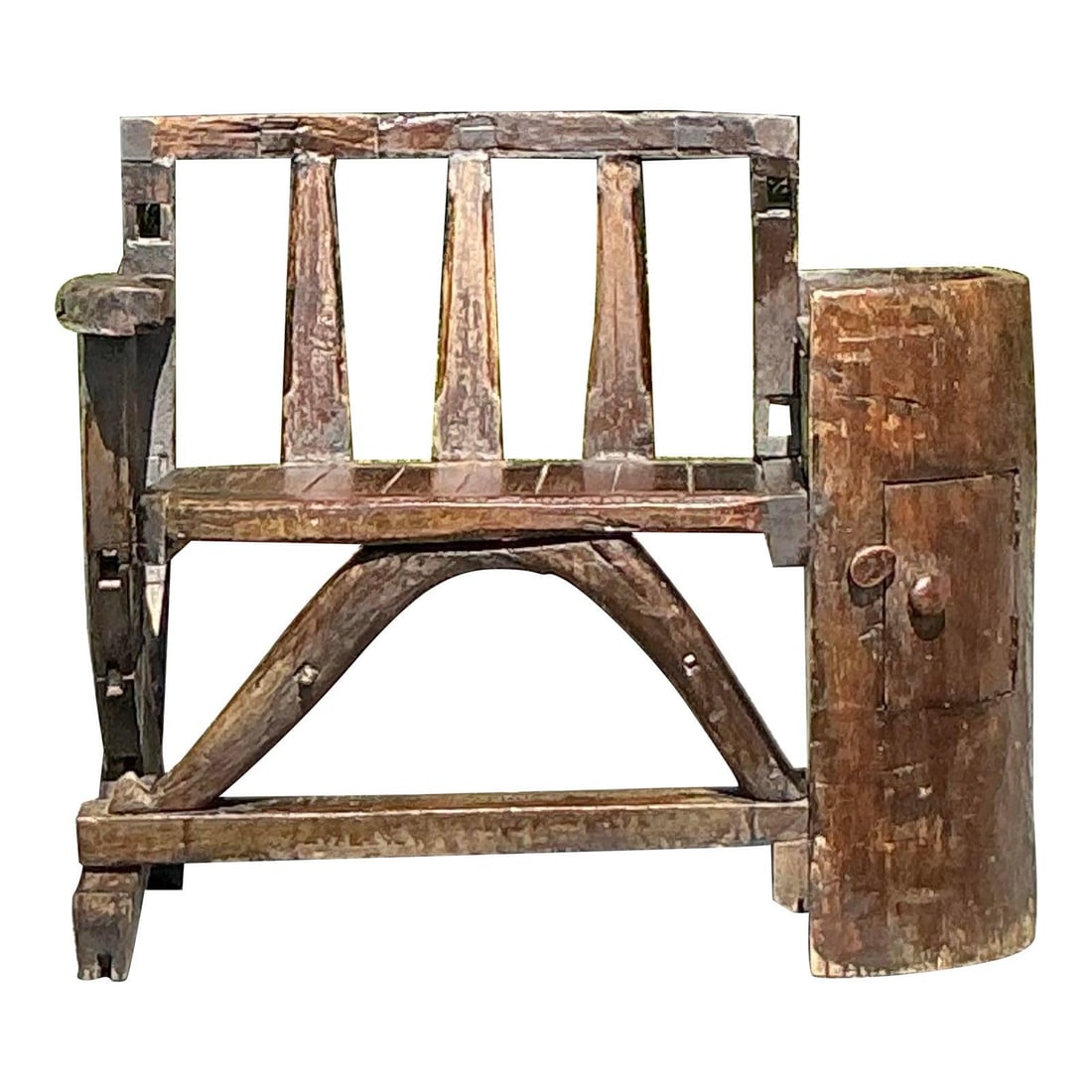 Unique Vintage Primitive Bench with Barrel Element in Dark Wood: Unique Vintage Primitive Bench with Barrel Element in Dark Wood Discover the rugged artistry of this extraordinary vintage Boho primitive bench, a unique piece that blends function with artistic expre