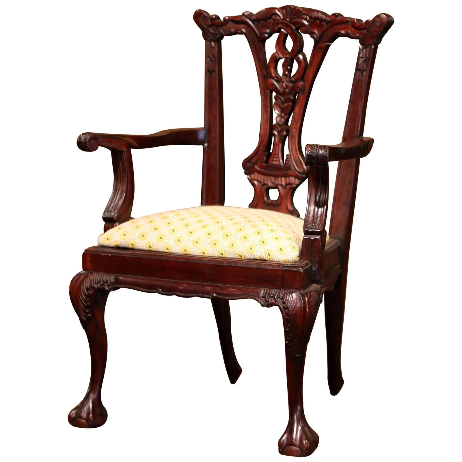 Charming English Chippendale Child Armchair Mahogany Upholstered Seat: Charming English Chippendale Child Armchair Mahogany Upholstered Seat This exquisite English Mahogany Chippendale Child Armchair is a stunning piece that adds classic elegance to any decor. Crafted in