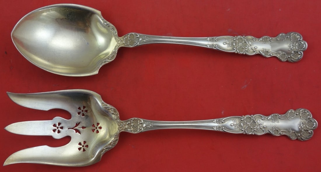 Gorham Buttercup Sterling Silver Salad Serving Set Gold Wash 10.5": Gorham Buttercup Sterling Silver Salad Serving Set Gold Wash 10.5" Presenting the exquisite Buttercup Salad Serving Set by Gorham, crafted from sterling silver with a luxurious gold wash finish. This 