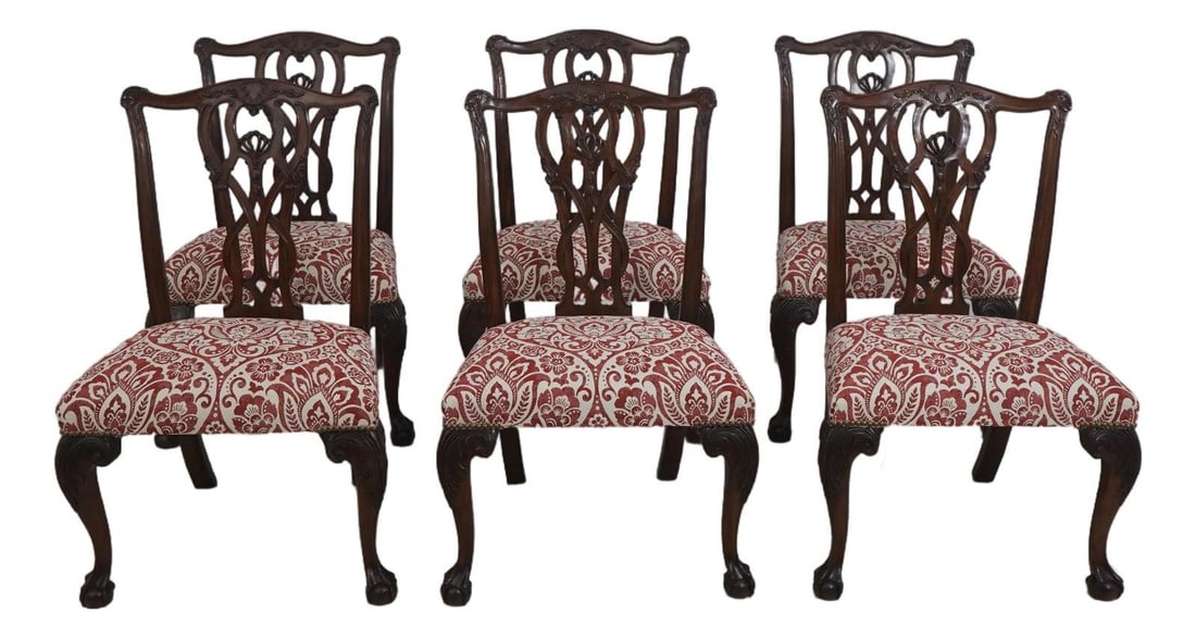 Six Mahogany Dining Chairs with Chippendale Inspired Ball and Claw Feet Set of 6: Six Mahogany Dining Chairs with Chippendale Inspired Ball and Claw Feet Set of 6 This set includes six mahogany dining chairs crafted in the Chippendale style, featuring fine carved details and tradit