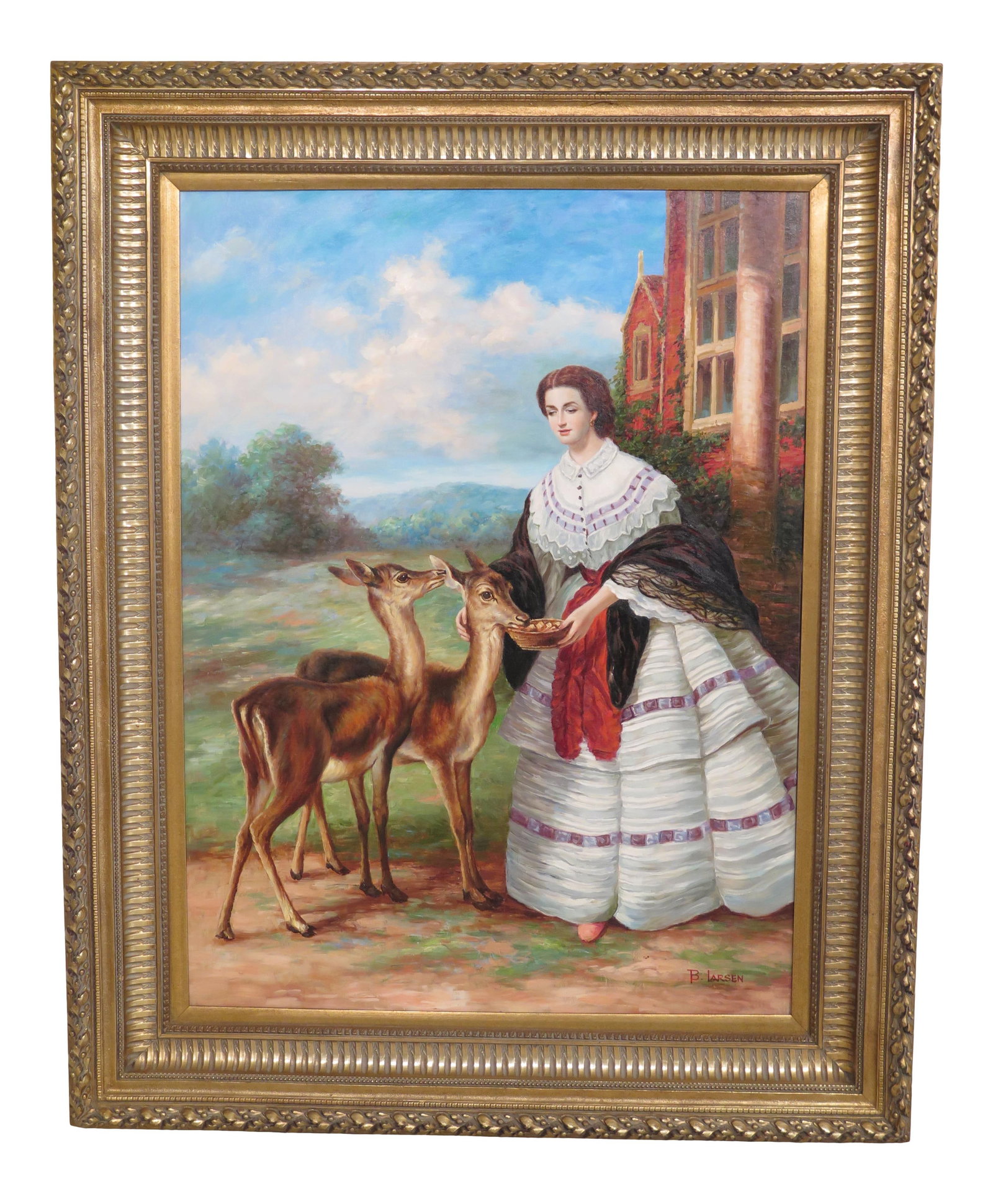 B. Larsen 1990s Framed Oil Painting Woman Feeding Deer 41 x 51: B. Larsen 1990s Framed Oil Painting Woman Feeding Deer 41 x 51 This exquisite vintage oil painting titled 'Woman Feeding Deer' captures a serene moment in nature. Hand-painted by artist B. Larsen, it 