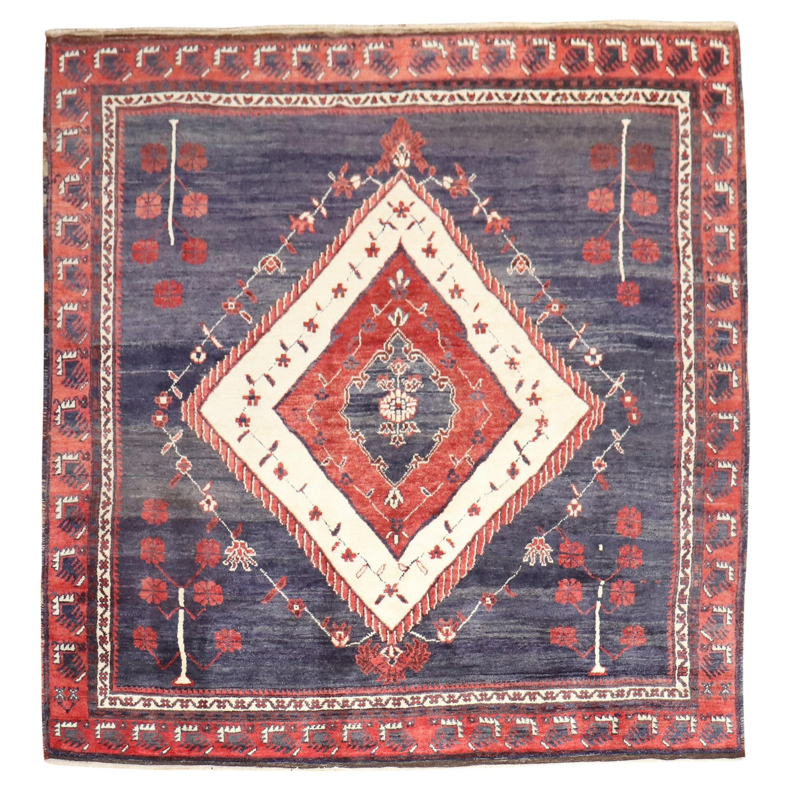 Zabihi Collection Mid-20th Century Tribal Wool Square Rug 98 x 104: Zabihi Collection Mid-20th Century Tribal Wool Square Rug 98 x 104 Discover the unique charm of this Tribal Vintage Square Anatolian Rug, hand-woven with care from high-quality wool. This mid-20th cen