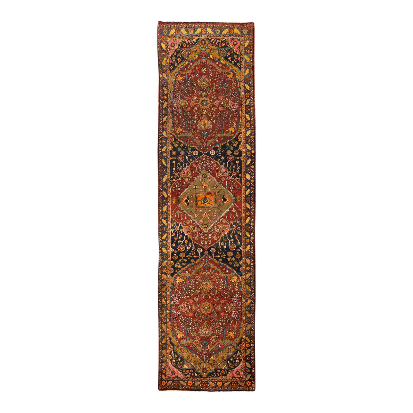 Vintage Persian Hand-Knotted Wool Runner 3'8 x 13'5 Red Floral Design: Vintage Persian Hand-Knotted Wool Runner 3'8 x 13'5 Red Floral Design Enhance your space with this stunning Vintage Persian Handmade Wool Runner, expertly hand-knotted with a vibrant red and blue fiel