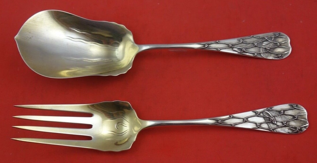 Whiting Fish in Net Sterling Silver Salad Serving Set 9 Gold Wash: Whiting Fish in Net Sterling Silver Salad Serving Set 9 Gold Wash This exquisite salad serving set features the elegant "Fish in Net" pattern by Whiting Manufacturing Company. Crafted from sterling si