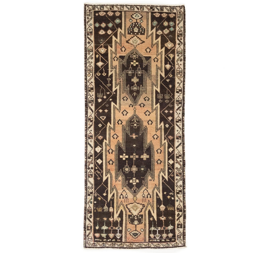 Hand-Knotted Wool Tribal Runner 2'11 x 7'0 Vintage Geometric: Hand-Knotted Wool Tribal Runner 2'11 x 7'0 Vintage Geometric Enhance your space with this semi-antique wool Oriental runner rug, perfect for farmhouse and boho decor. Measuring 2'11" x 7'0" (35" x 84"