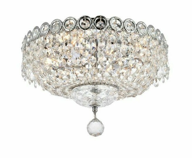Royal Cut Crystal 4-Light Chrome Flush Mount CENTURY: Royal Cut Crystal 4-Light Chrome Flush Mount CENTURY This modern flush mount chandelier features a polished chrome finish and Royal Cut clear crystal accents, creating a sophisticated look suitable fo