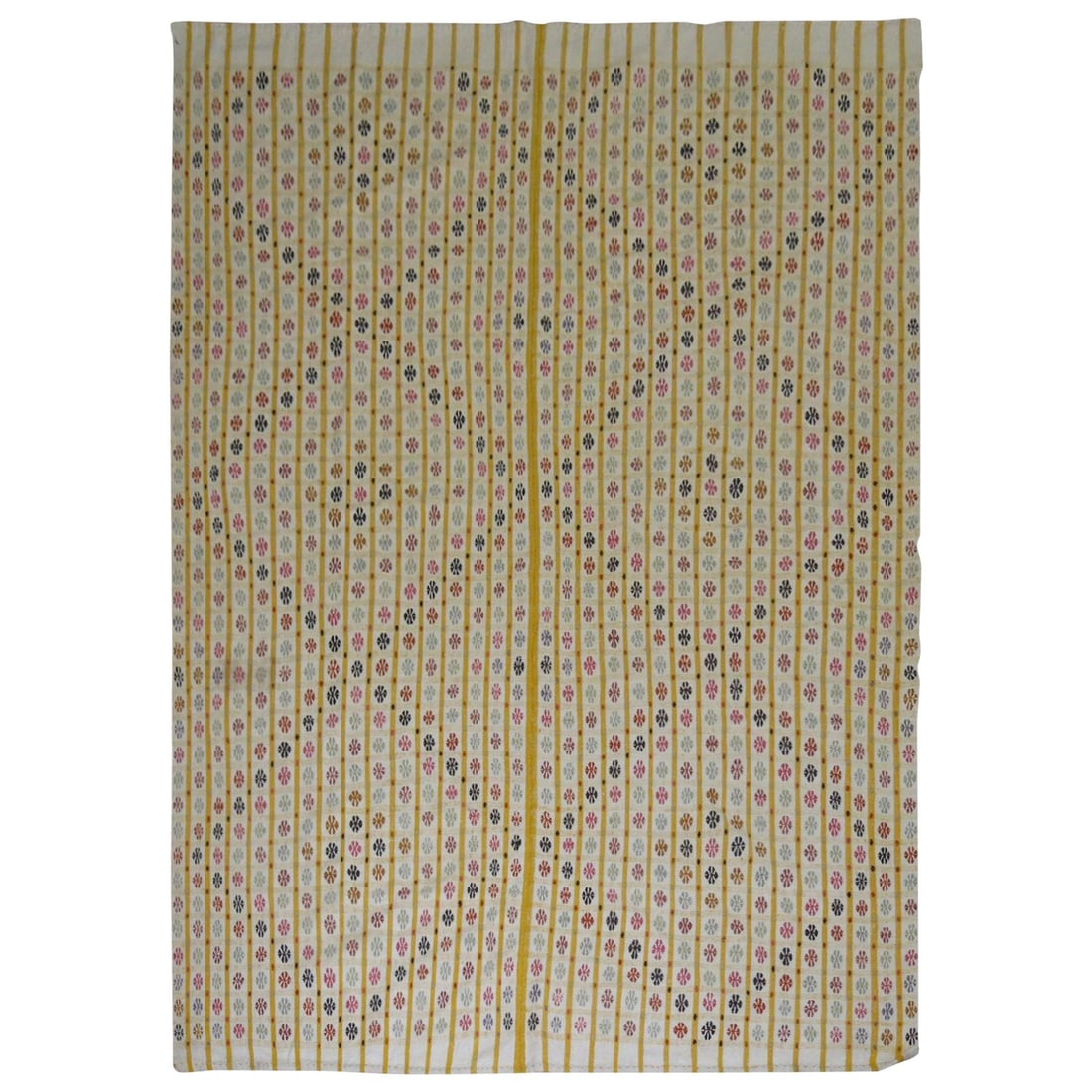 Mid Century Turkish Kilim Cotton Cicim Flat Weave 82 x 118 in: Mid Century Turkish Kilim Cotton Cicim Flat Weave 82 x 118 in This Turkish Cicim flat-weave, crafted in the mid-20th century, showcases a vibrant geometric design using the traditional jajim/cicim wea