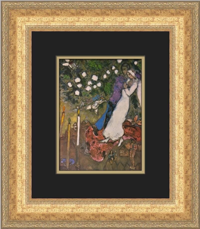 Marc Chagall Three Candles Custom Framed Art Print 1988: Marc Chagall Three Candles Custom Framed Art Print 1988 This exquisite custom framed print titled "Three Candles" by renowned artist Marc Chagall features a captivating expressionism and impressionism