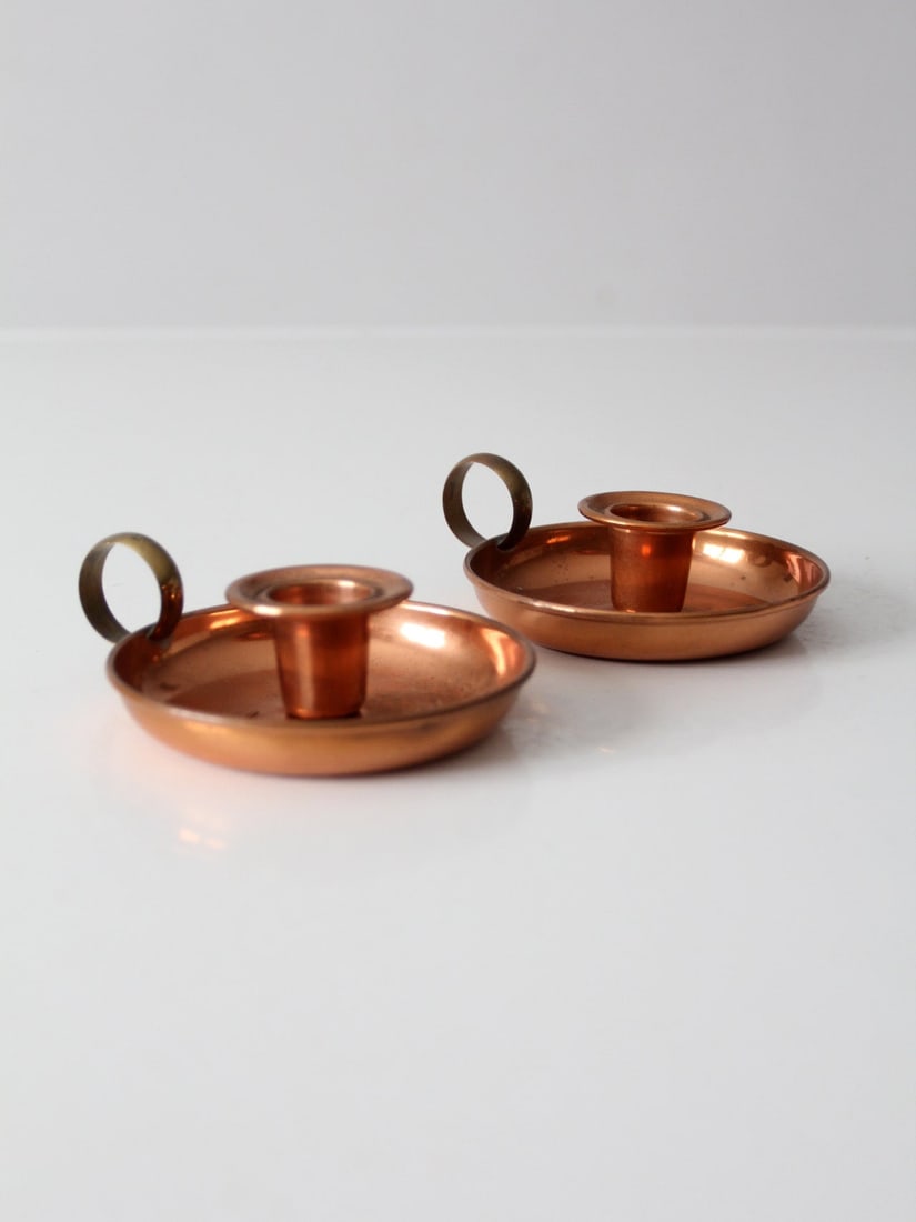 Vintage Copper Chambersticks Pair with Brass Ring Handles (1 of 11)