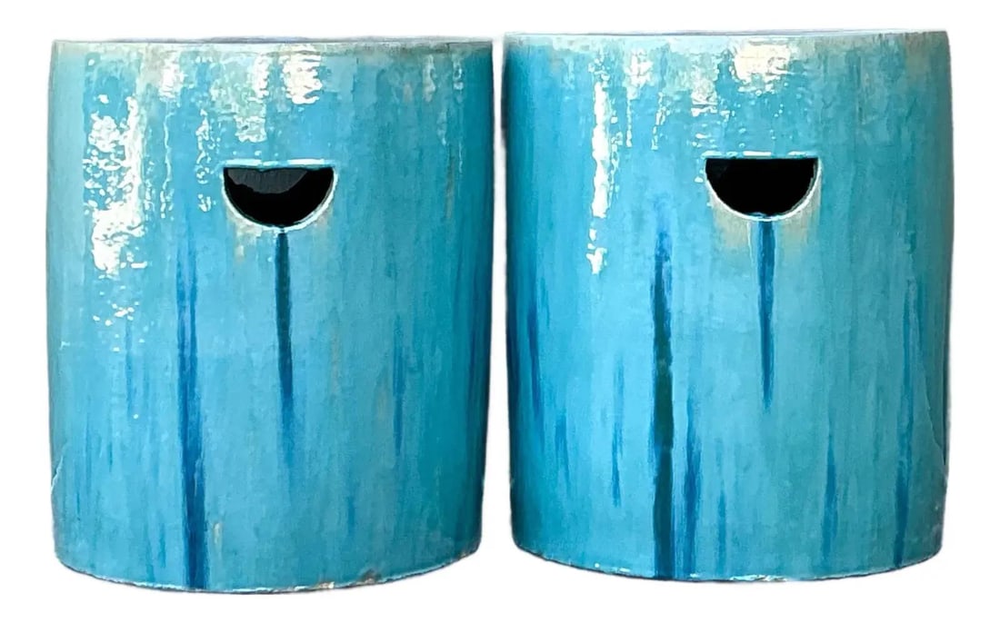 Pair of Teal Ceramic Garden Stools (1 of 10)