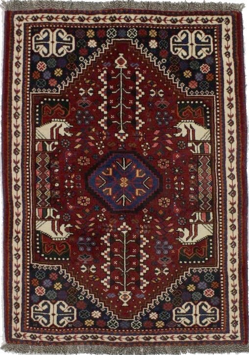 Hand-Knotted Vintage Wool Tribal Equestrian Rug 5'1 x 3'7: Hand-Knotted Vintage Wool Tribal Equestrian Rug 5'1 x 3'7 This vintage wool Oriental rug features a striking tribal equestrian design, perfect for enhancing the ambiance of your farmhouse foyer. Measu