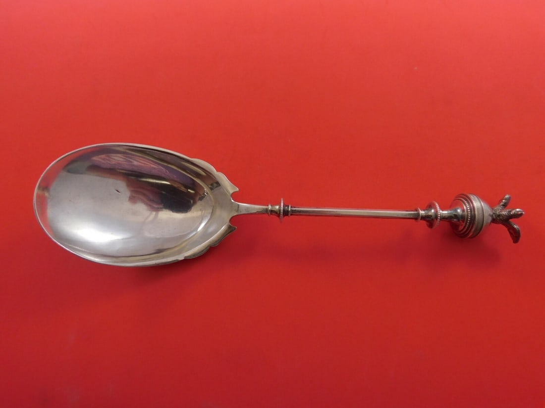 Art Silver Sterling Silver Berry Spoon with 3D Bird 9.5 inches: Art Silver Sterling Silver Berry Spoon with 3D Bird 9.5 inches This exquisite sterling silver berry spoon, crafted in the Art Silver style circa 1860-1883, features a striking 3D bird atop a dome and 