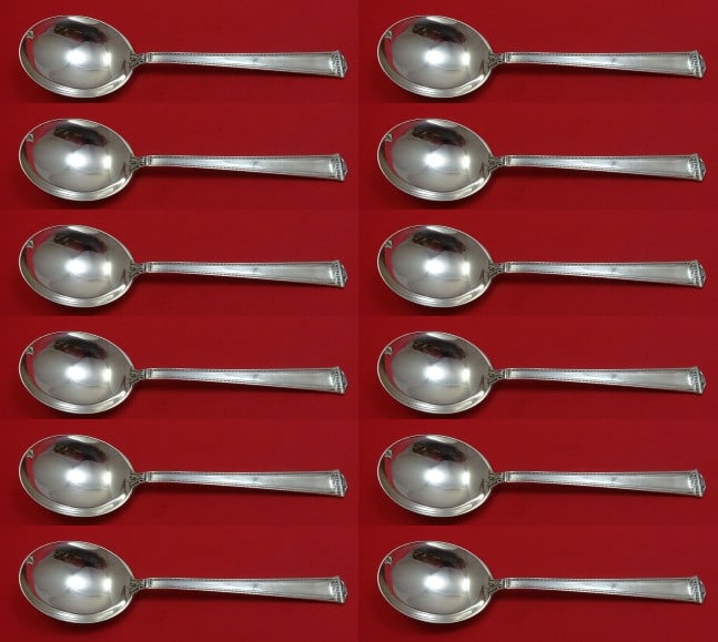 International Sterling Silver Pantheon Soup Spoon Set of 12 pcs 7 1/8": International Sterling Silver Pantheon Soup Spoon Set of 12 pcs 7 1/8" Add elegance to your dining experience with this exquisite set of 12 Pantheon gumbo soup spoons by International Sterling. Each s