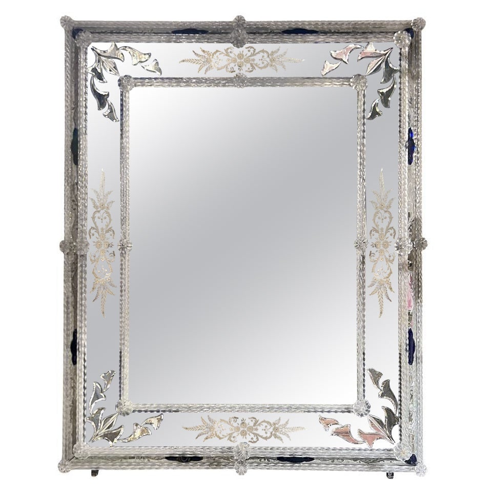 Italian Venetian Wall Mirror with Blue Glass Accents and Engraved Floral Motifs (1 of 13)