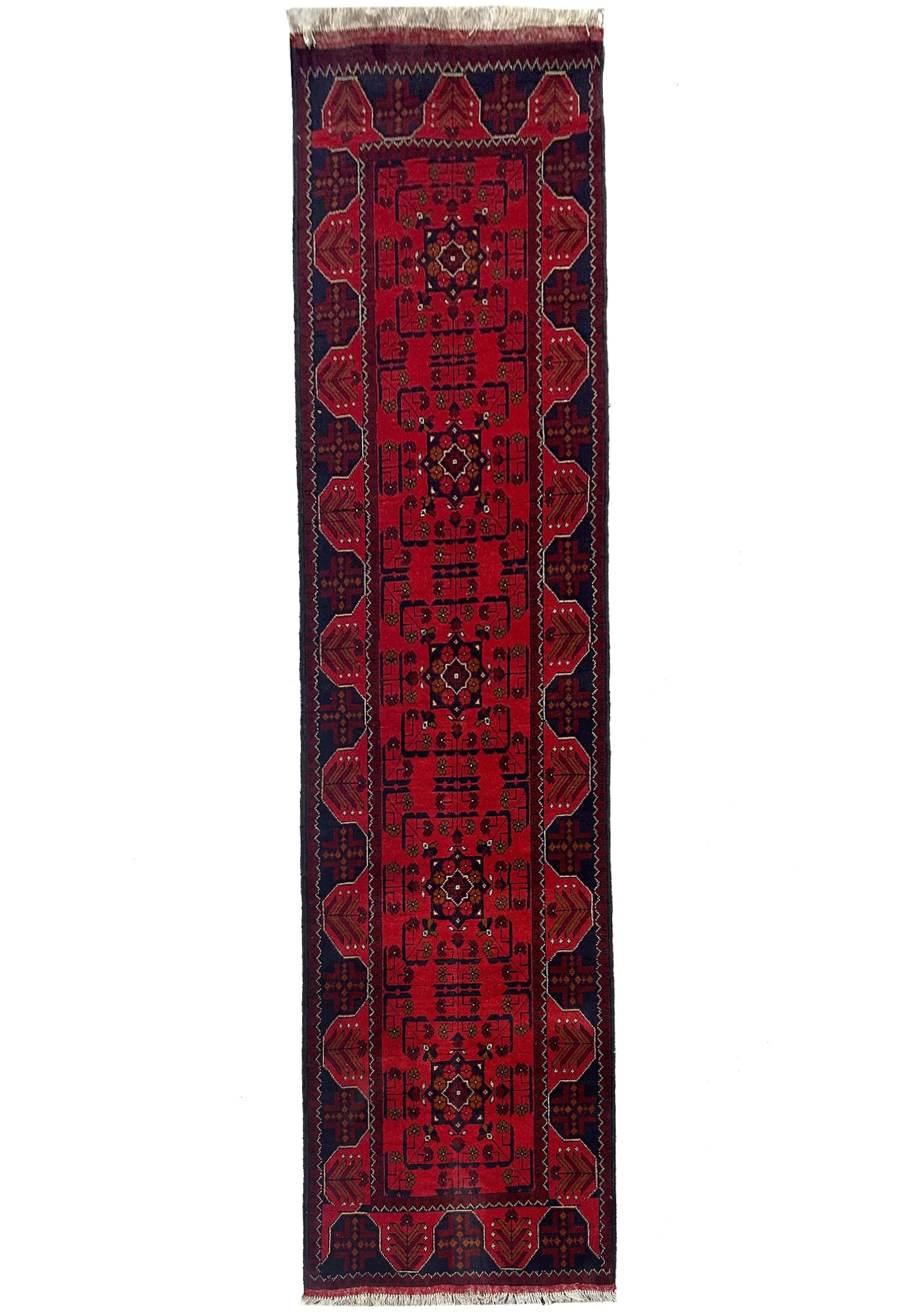 Hand Knotted Wool Afghan Runner Rug 9.5 Feet Deep Red Black Geometric: Hand Knotted Wool Afghan Runner Rug 9.5 Feet Deep Red Black Geometric Free continental US Shipping This 9.5-foot wool Afghan runner features a deep red field with black and earthy tone accents, showca
