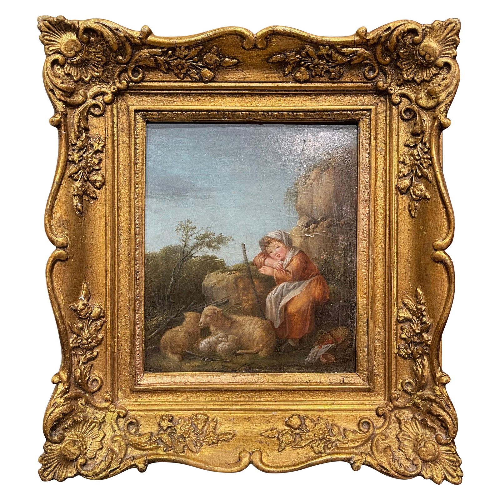 Francis Wheatley Pastoral Oil Painting in Giltwood Frame: Francis Wheatley Pastoral Oil Painting in Giltwood Frame This late 18th century English pastoral oil painting is attributed to Francis Wheatley and dates to around 1780. The artwork depicts a young sh
