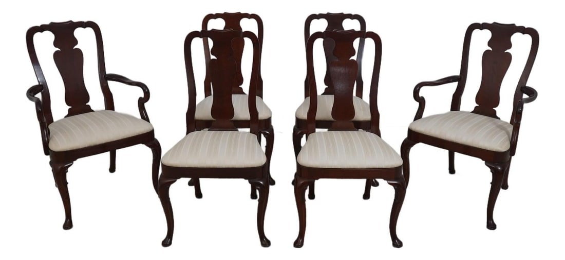 Set of 6 Kindel Queen Anne Mahogany Dining Chairs: Set of 6 Kindel Queen Anne Mahogany Dining Chairs This elegant set of 6 Queen Anne dining room chairs showcases the timeless beauty of mahogany, crafted around 1992. Featuring a refined Kent finish, t