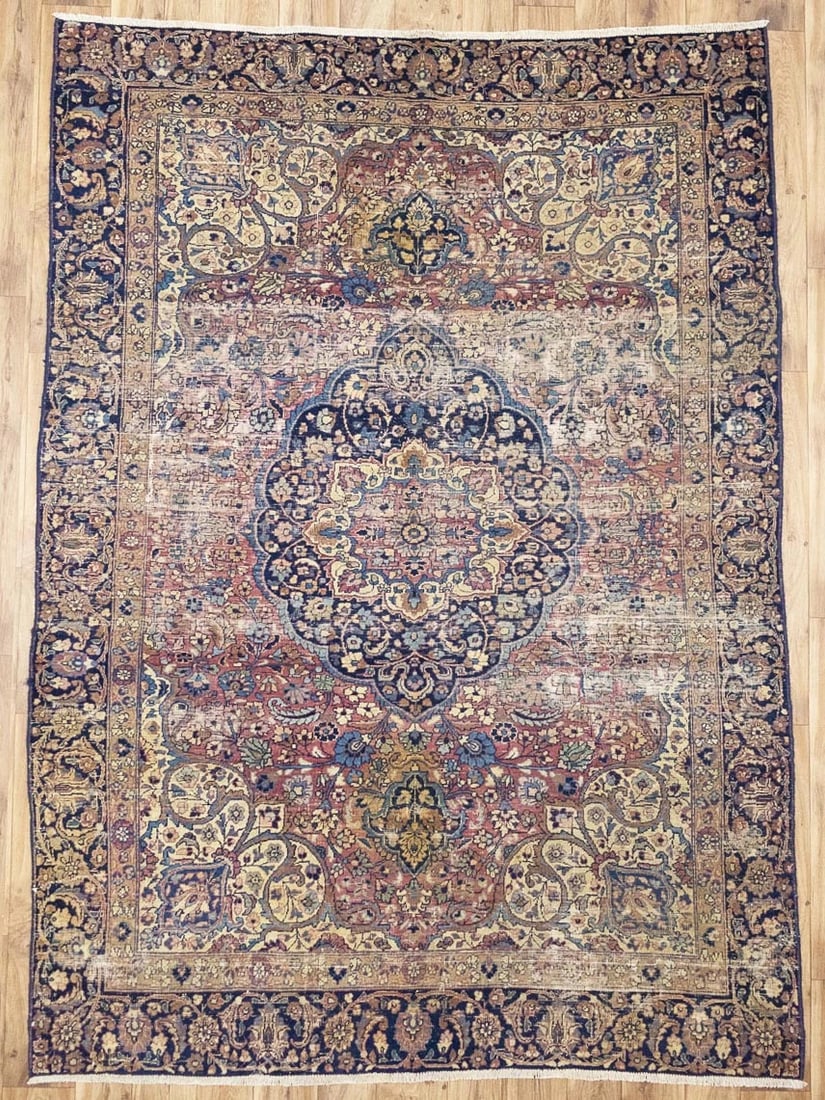 Hand Knotted Wool Floral Oriental Area Rug 6x9 Ft Semi Antique: Hand Knotted Wool Floral Oriental Area Rug 6x9 Ft Semi Antique This semi-antique handmade Oriental rug features a distressed floral pattern in muted tones of red, navy blue, cream, and beige. Crafted 