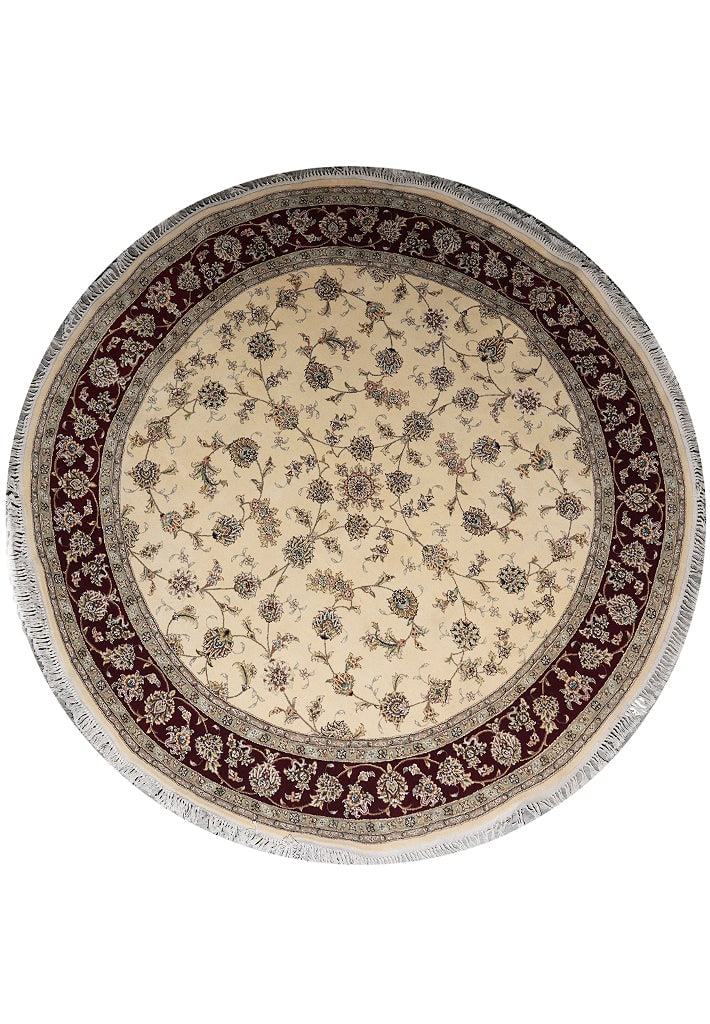 8 x 8 Round Handmade Wool Silk Tabriz Rug Ivory Ruby Green: 8 x 8 Round Handmade Wool Silk Tabriz Rug Ivory Ruby Green Free continental US Shipping This finely handmade round area rug measures 8 x 8 feet and features a blend of wool and silk in its hand-knotte