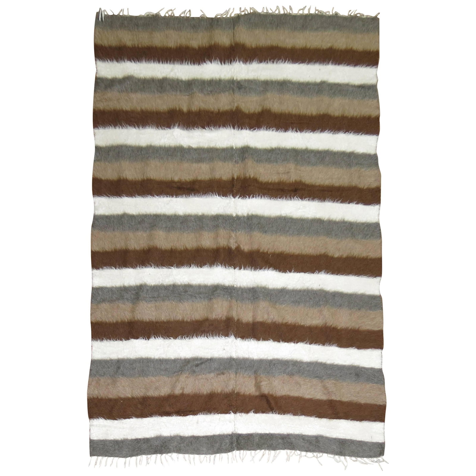 Mid Century Turkish Sirt Mohair Wool Hand Woven Rug 60 x 84 in: Mid Century Turkish Sirt Mohair Wool Hand Woven Rug 60 x 84 in This vintage Turkish Sirt rug, crafted circa 1940, features a striking striped design in mohair and wool. Hand-woven using traditional te
