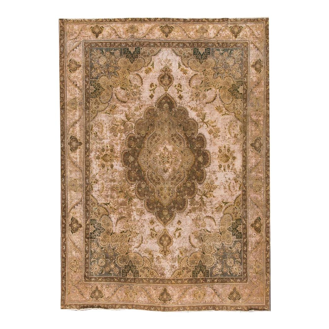 Vintage Persian Tabriz Handmade Floral Wool Rug 9'5 x 13 Beige: Vintage Persian Tabriz Handmade Floral Wool Rug 9'5 x 13 Beige Enhance your living space with this exquisite Vintage Persian Tabriz Handmade Beige Floral Wool Rug. Featuring a captivating medallion de
