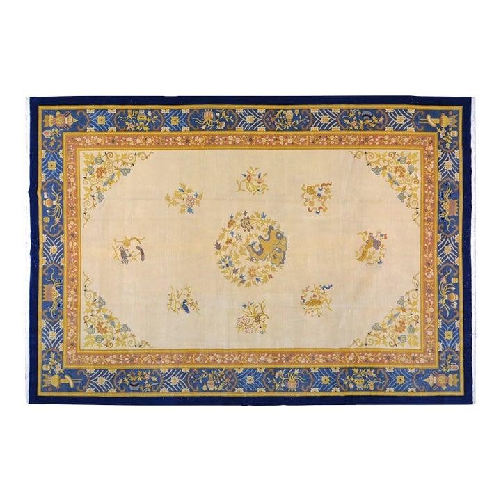 9'8" x 13'9" Hand-Knotted Wool Chinese Art Deco Rug: 9'8" x 13'9" Hand-Knotted Wool Chinese Art Deco Rug This vintage Chinese Art Deco rug is hand-knotted from wool, showcasing a blend of traditional craftsmanship and modern design. Its soft texture, du