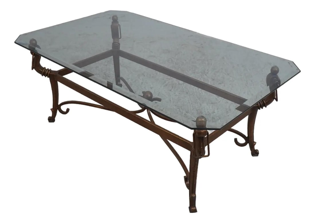 Regency Style Wrought Iron Coffee Table with Beveled Glass Top (1 of 10)