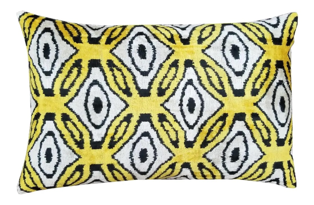 Yellow Silk Ikat Velvet Decorative Pillow with Linen Back 16x24 (1 of 3)