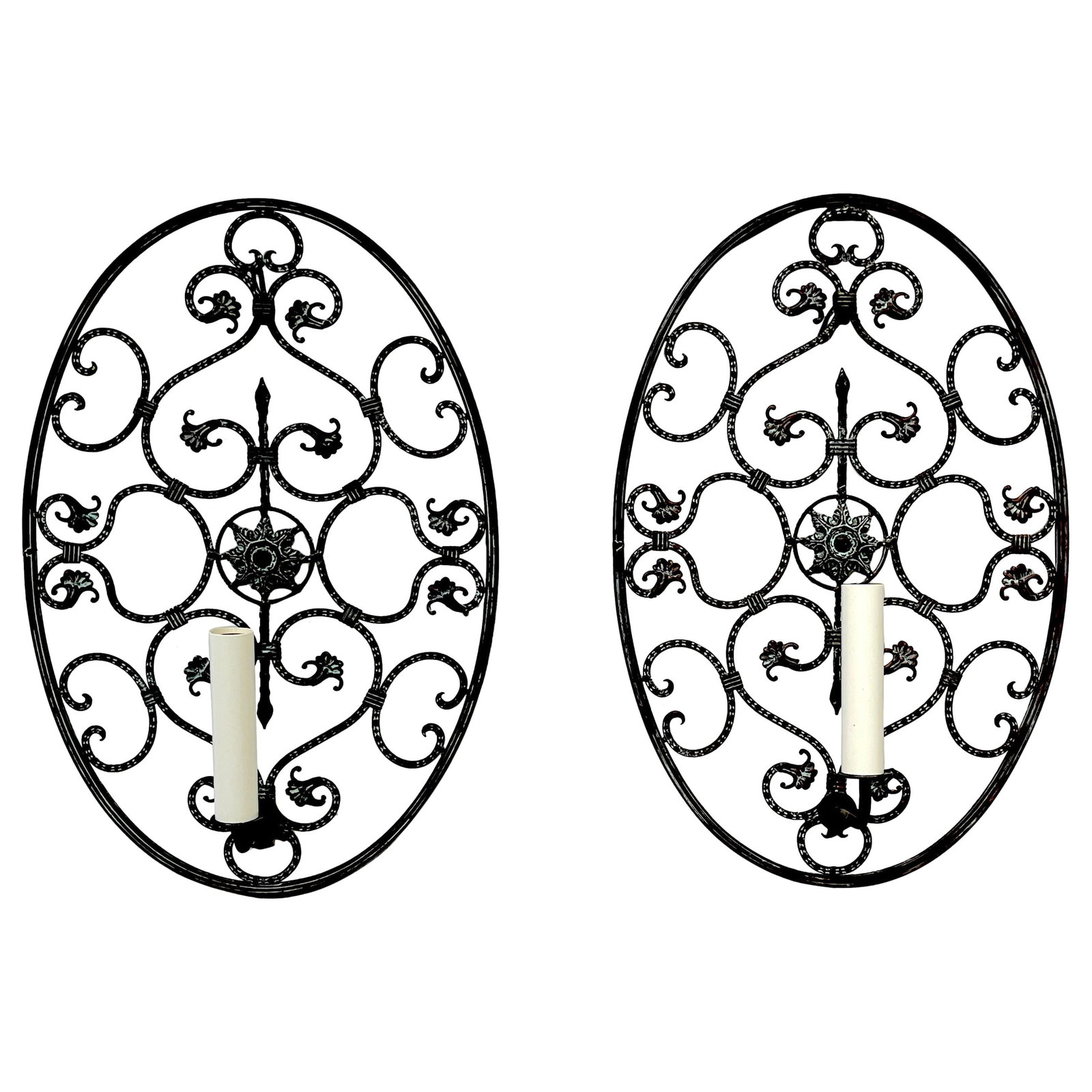 Mizner Style Neoclassic Bronze Oval Shield Sconce Set of 2: Mizner Style Neoclassic Bronze Oval Shield Sconce Set of 2 Introducing a stunning pair of Mizner Style Neoclassic Pierced Bronze Oval Shield Sconces, crafted in the late 20th century in the USA. These