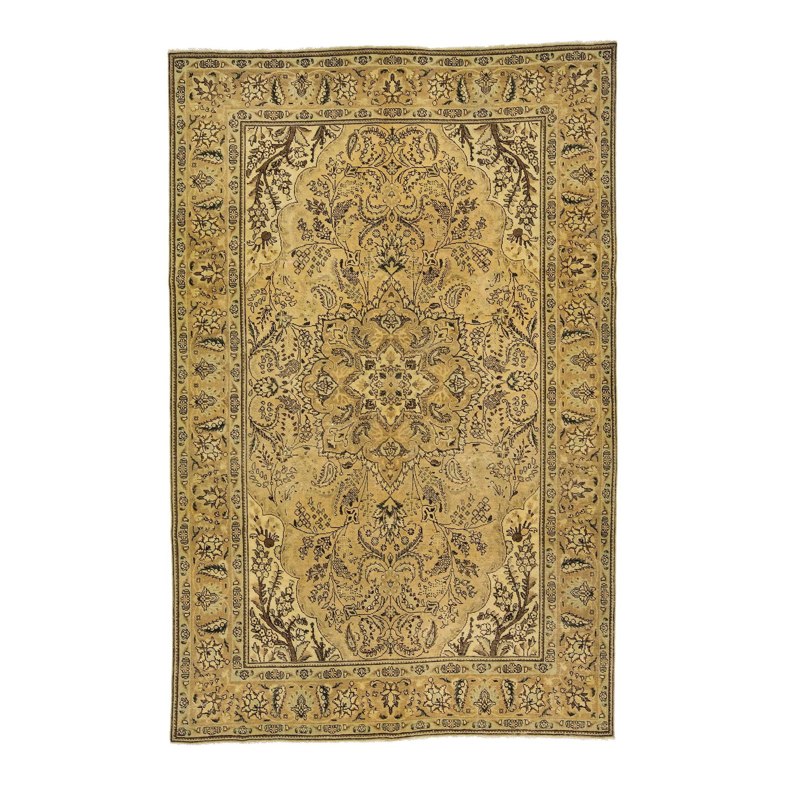 1960s Persian Tabriz Handmade Ivory Wool Medallion Rug 6'7 x 10'3: 1960s Persian Tabriz Handmade Ivory Wool Medallion Rug 6'7 x 10'3 Enhance your space with this exquisite vintage Persian Tabriz handmade rug, expertly crafted with a luxurious wool material. Featuring