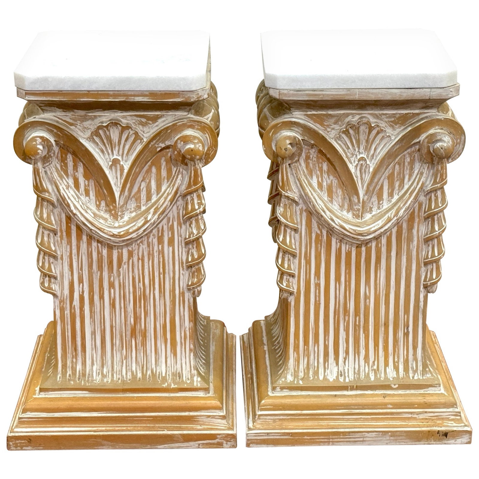 Elegant 1980s Italian Neoclassical Whitewashed Marble Pedestal Set of 2: Elegant 1980s Italian Neoclassical Whitewashed Marble Pedestal Set of 2 This exquisite pair of Modern Neoclassical Carved Wood Whitewashed Marble Pedestals hails from Italy and dates back to the 1980s