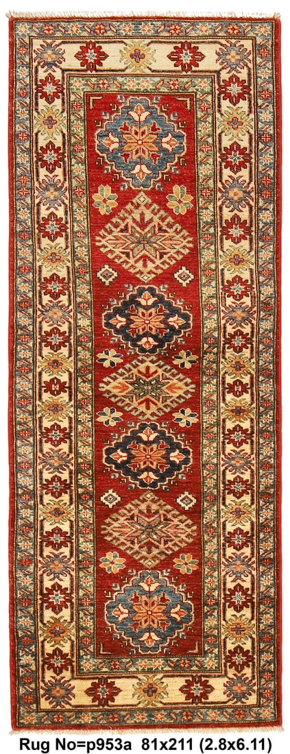 Elegant 2.8 x 7.0 Kazak Rug in Finer Shiny Wool: Elegant 2.8 x 7.0 Kazak Rug in Finer Shiny Wool Free continental US Shipping Enhance your space with this stunning 2.8 x 7.0 Kazak rug, crafted from fine, shiny wool for a luxurious feel. Its vibrant 