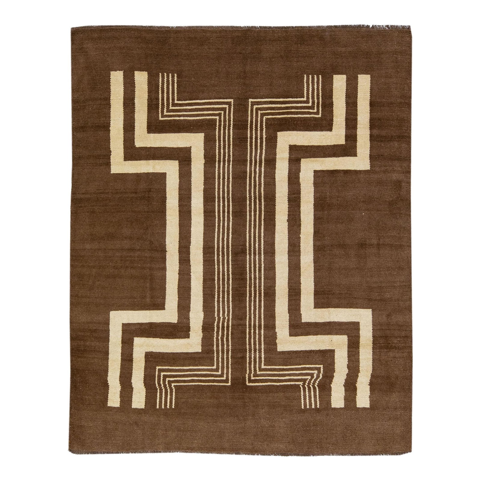 Transitional Art Deco Brown Handmade Wool Rug 7'4 x 9 Geometric Design: Transitional Art Deco Brown Handmade Wool Rug 7'4 x 9 Geometric Design Enhance your living space with this stunning Transitional Art Deco handmade wool rug from our Northwest collection. Featuring a r