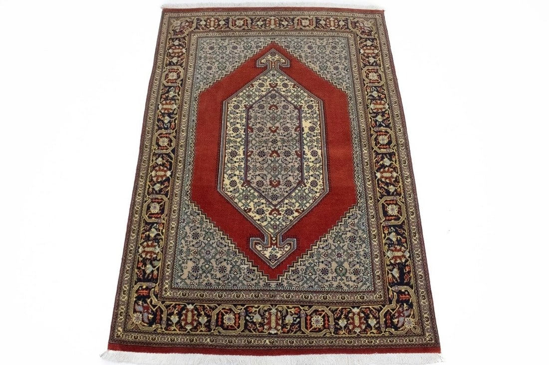 Hand-Knotted Kork Wool Area Rug Vintage Scarlet Red Floral 3'2" x 4'10": Hand-Knotted Kork Wool Area Rug Vintage Scarlet Red Floral 3'2" x 4'10" This extra fine handmade vintage oriental rug features an intricate floral and geometric design in vibrant scarlet red, cream, b