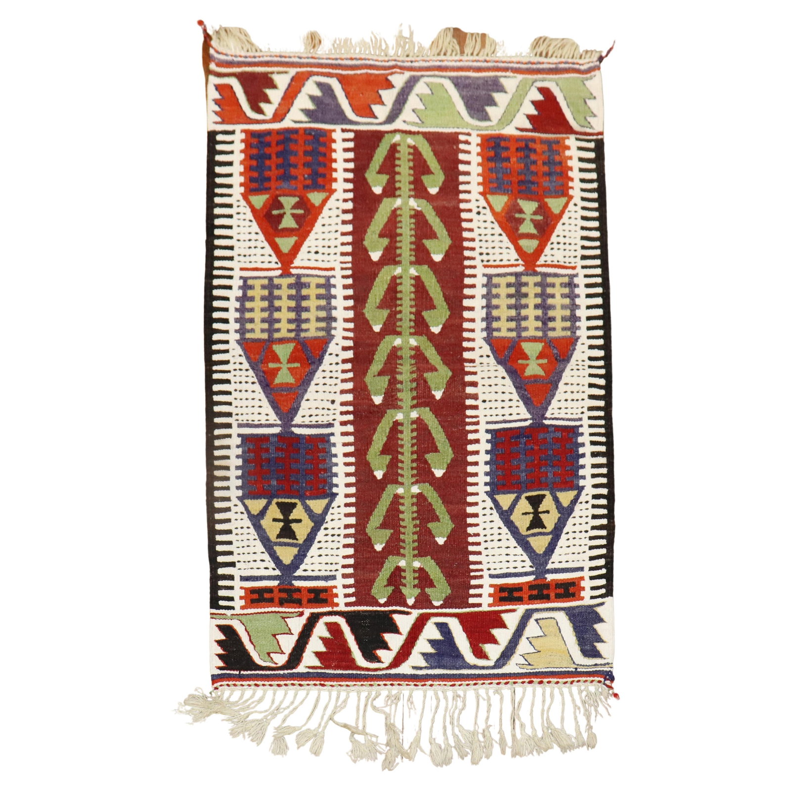 Mid-20th Century Turkish Kilim Prayer Scatter Rug Wool 34 x 51: Mid-20th Century Turkish Kilim Prayer Scatter Rug Wool 34 x 51 Discover the beauty of this Turkish Kilim prayer scatter size rug, showcasing a distinctive Adirondack style. Expertly hand-woven from hi