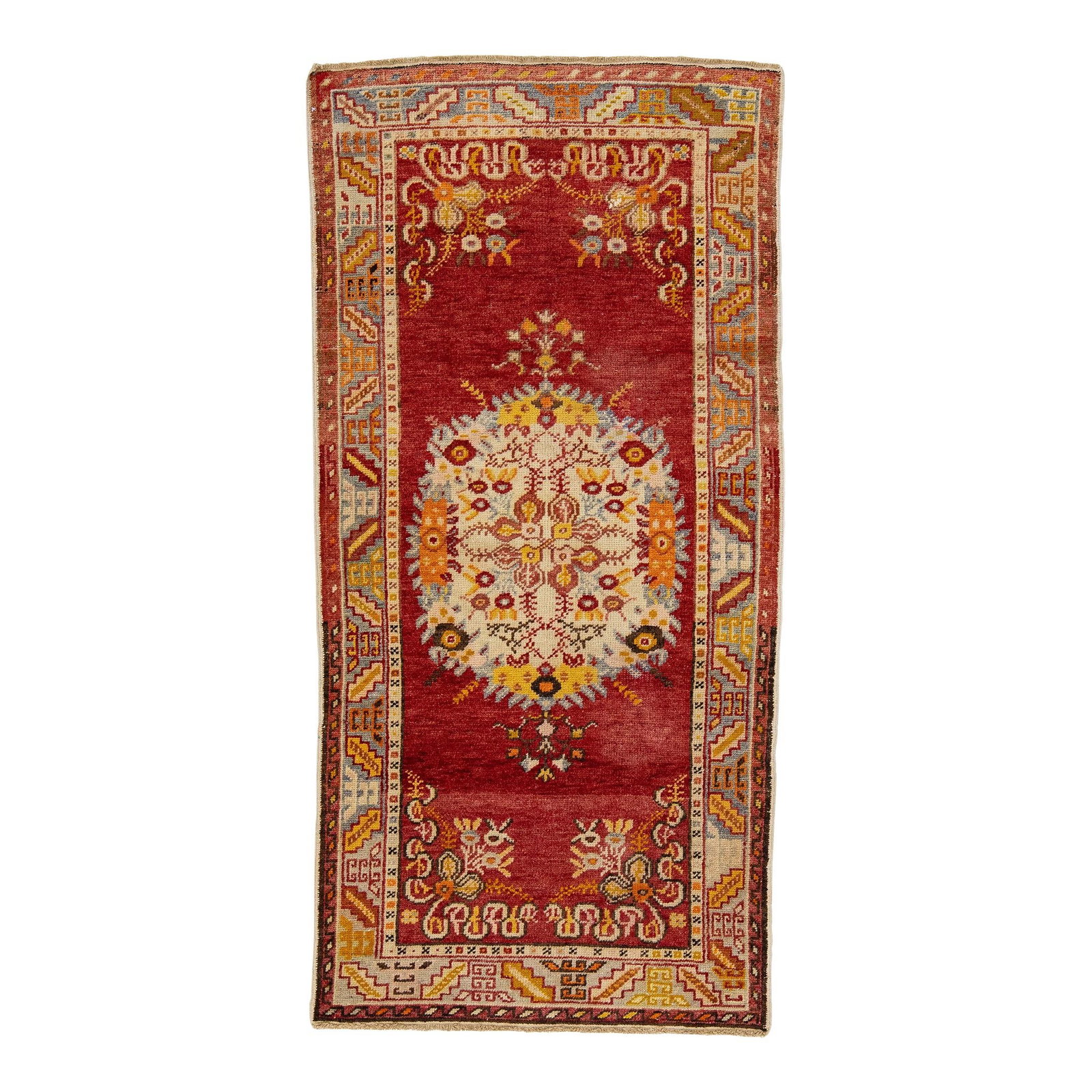 1920s Antique Khotan Wool Rug Red Medallion Motif 2'11" x 6'1" (1 of 7)