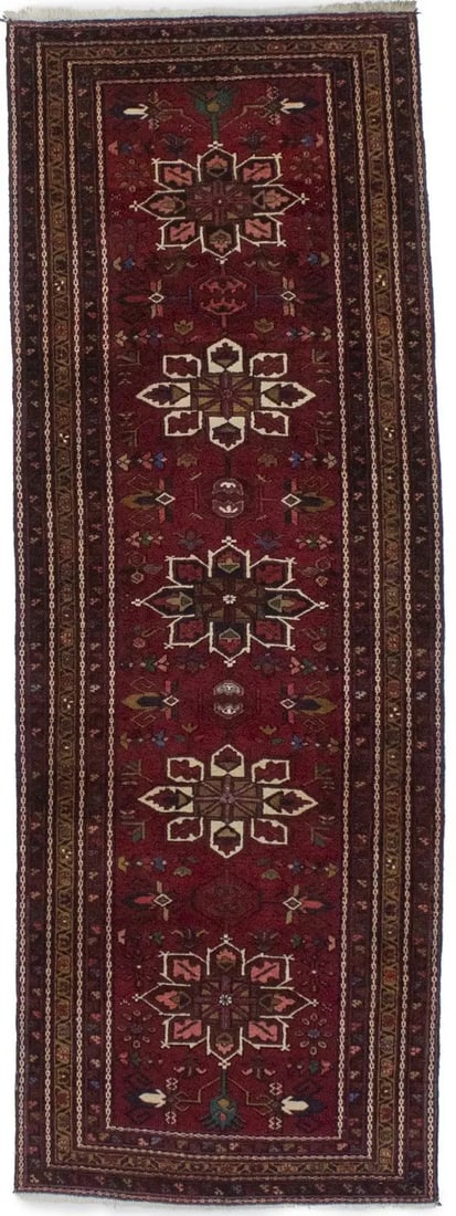 Vintage wool hand-knotted runner rug 3'6 x 10'0 floral red: Vintage wool hand-knotted runner rug 3'6 x 10'0 floral red This vintage Oriental runner rug features a striking red background with floral designs, perfect for adding a traditional touch to farmhouse 