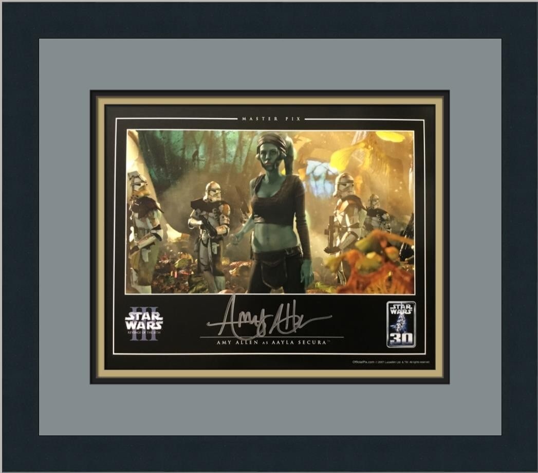 Aayla Secura Signed 8x10 Photo Custom Framed Amy Allen Official Pix: Aayla Secura Signed 8x10 Photo Custom Framed Amy Allen Official Pix Celebrate the legacy of Star Wars with this custom framed signed cardstock photograph of Aayla Secura, portrayed by Amy Allen. This 