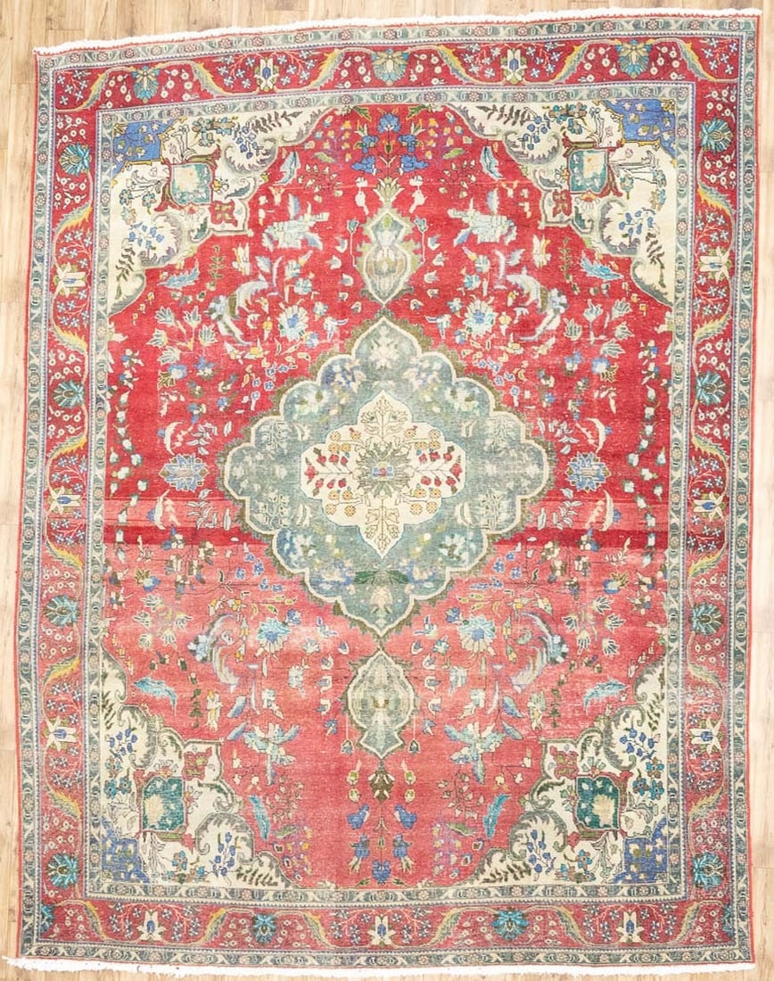 Hand Knotted Wool Floral Area Rug 9'6 x 12'5 Vintage: Hand Knotted Wool Floral Area Rug 9'6 x 12'5 Vintage This semi-antique hand-knotted Oriental wool rug features a traditional floral pattern in a muted color palette that includes red, cream, blue, gre