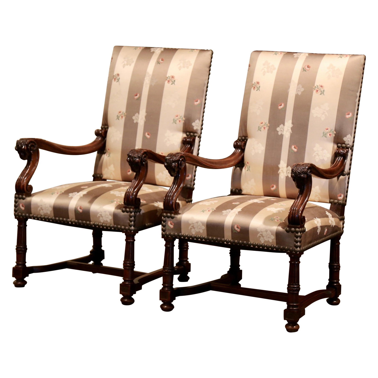 Louis XIII Walnut Fauteuil Pair with Ram Head Carving Set of 2: Louis XIII Walnut Fauteuil Pair with Ram Head Carving Set of 2 This pair of late 19th century French Louis XIII armchairs is crafted from solid walnut and showcases finely hand-carved details, includi
