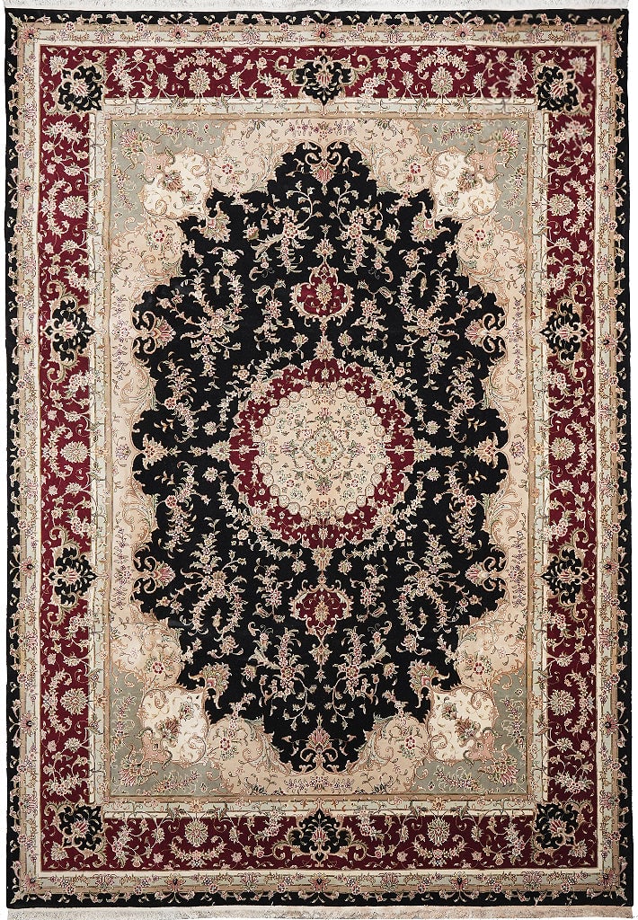 9 x 12 Hand-Knotted Wool Silk Tabriz Area Rug Black China: 9 x 12 Hand-Knotted Wool Silk Tabriz Area Rug Black China Free continental US Shipping This finely hand-knotted area rug is crafted from a blend of wool and silk, offering both durability and a subtle
