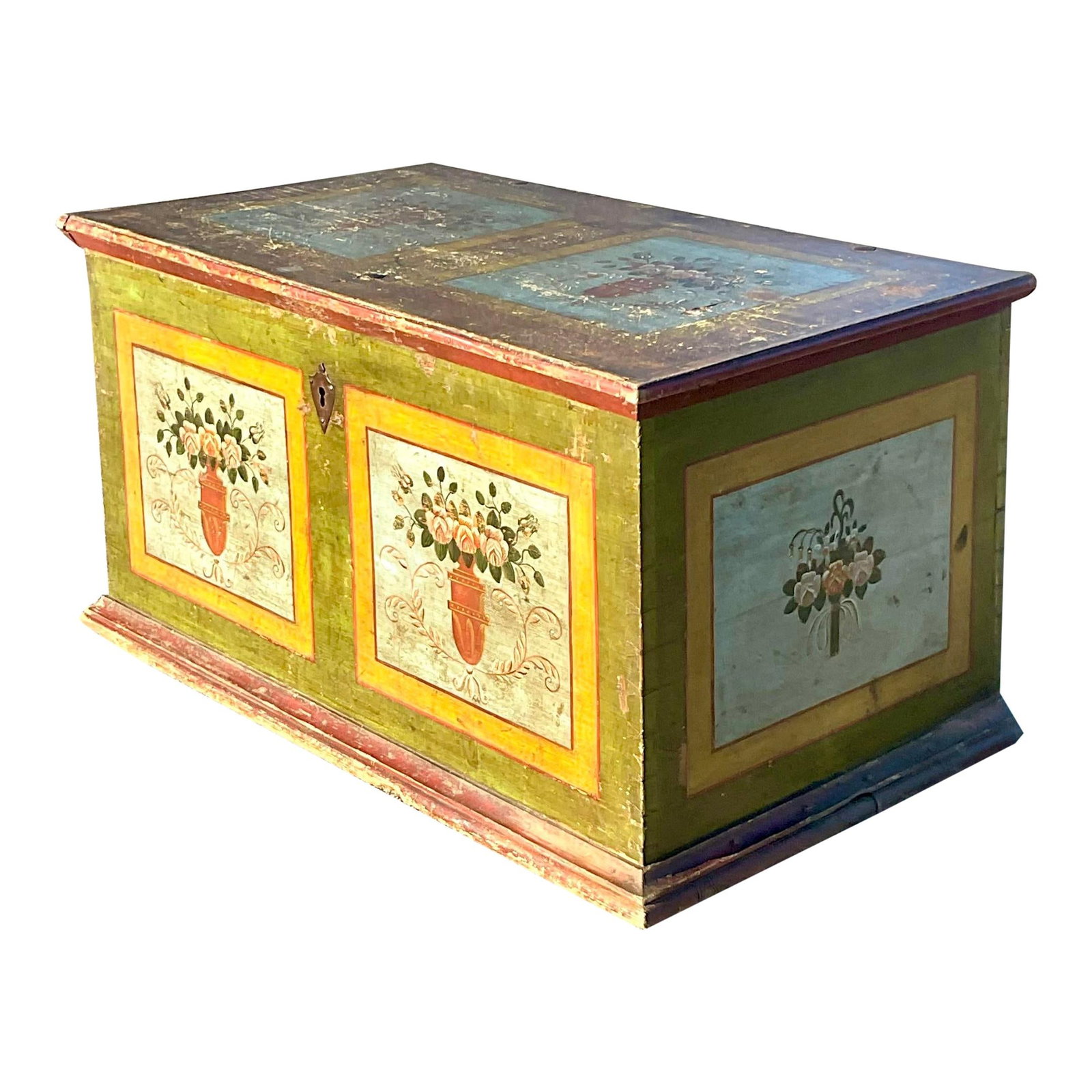 Norwegian Vintage Hand Painted Rustic Blanket Chest Saffron: Norwegian Vintage Hand Painted Rustic Blanket Chest Saffron This vintage rustic Norwegian blanket chest showcases beautiful hand-painted details, making it a stunning addition to any home. Crafted in 