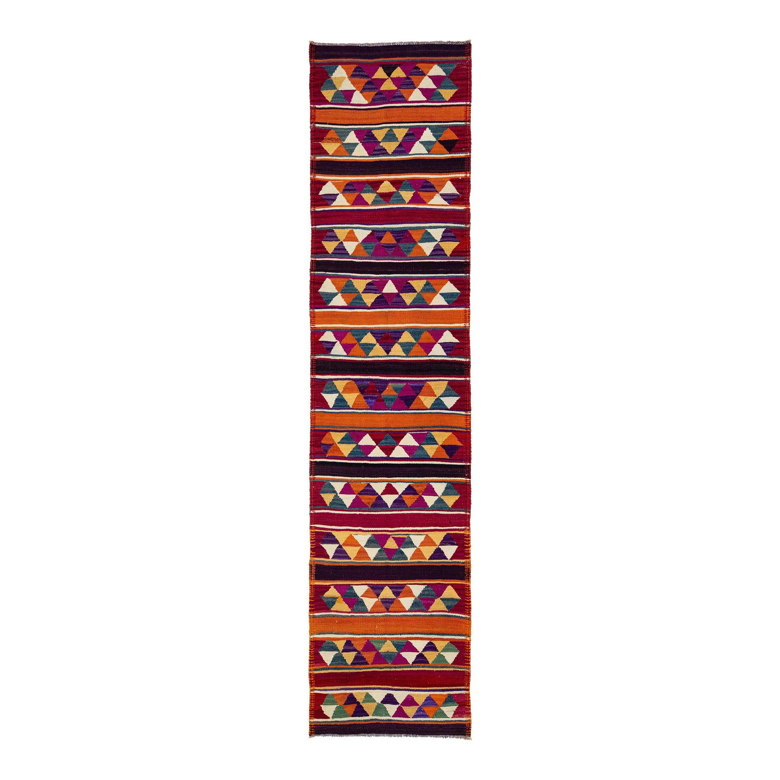 Vintage Turkish Kilim Wool Rug Multicolor Geometric Design 2'9 x 11'10: Vintage Turkish Kilim Wool Rug Multicolor Geometric Design 2'9 x 11'10 This vintage flatweave Turkish kilim rug showcases a captivating all-over geometric design with a vibrant multicolor field, makin