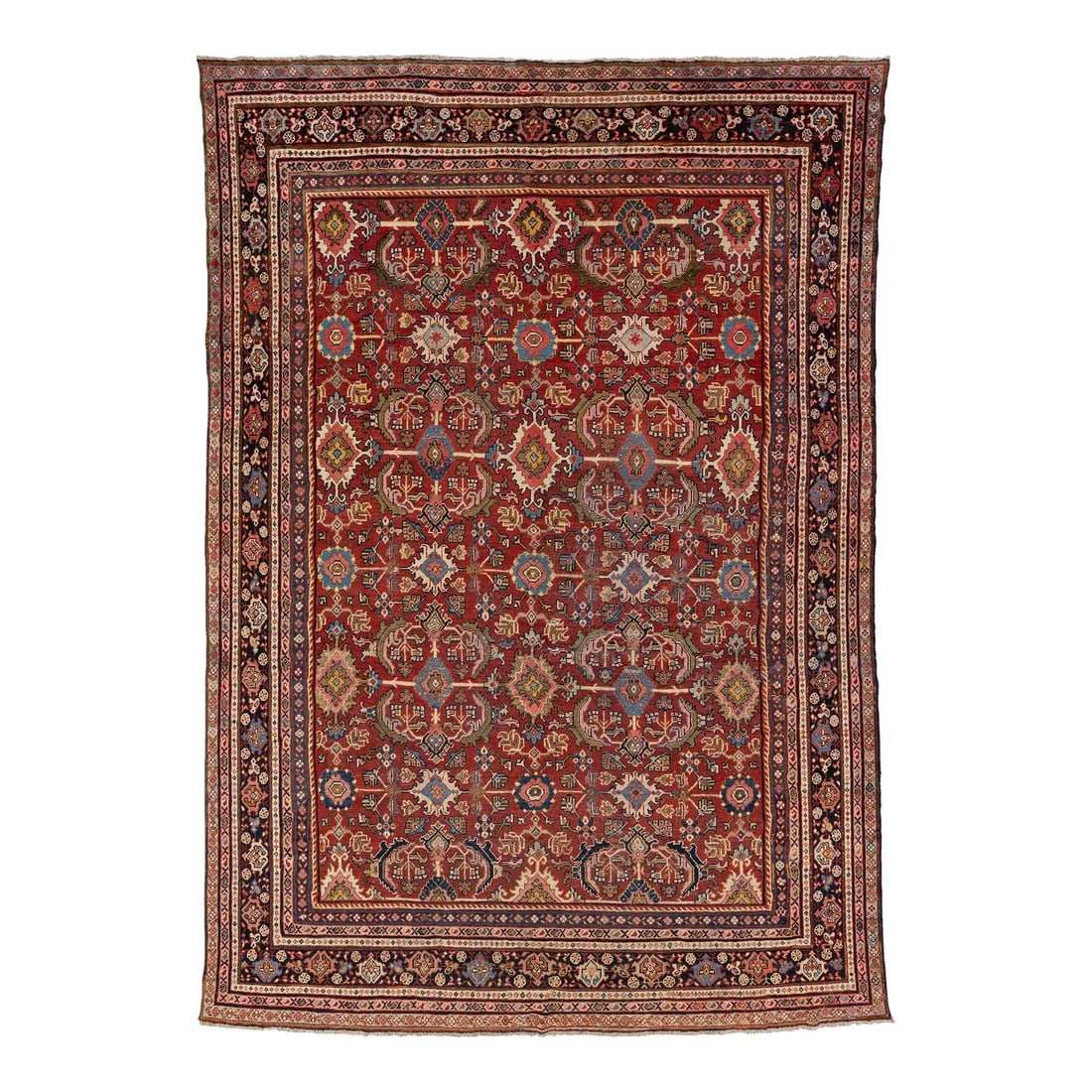 Hand-Knotted Persian Mahal Wool Rug in Red Floral 10'5 x 14'9 Vintage: Hand-Knotted Persian Mahal Wool Rug in Red Floral 10'5 x 14'9 Vintage This vintage Persian Mahal rug features an authentic hand-knotted construction with a large-scale floral pattern. The deep madder 