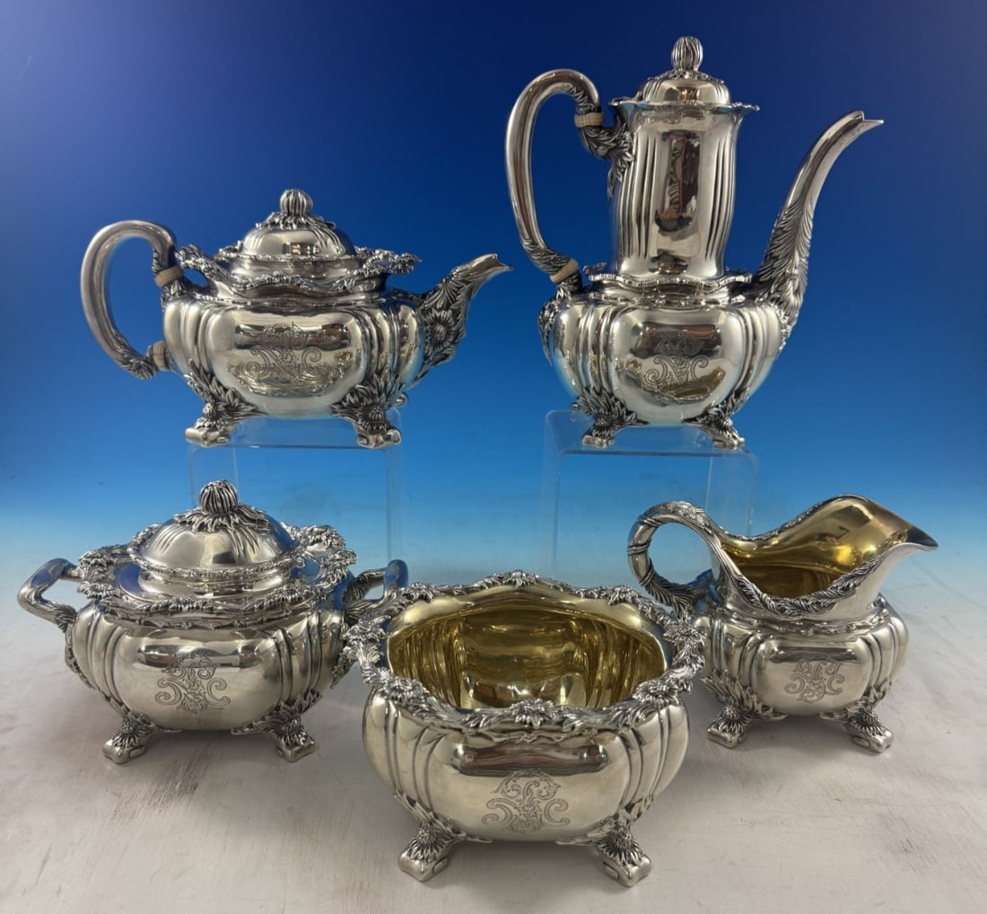 5 Piece Sterling Tea Coffee Set Tiffany Co Chrysanthemum Pattern (1 of 18)