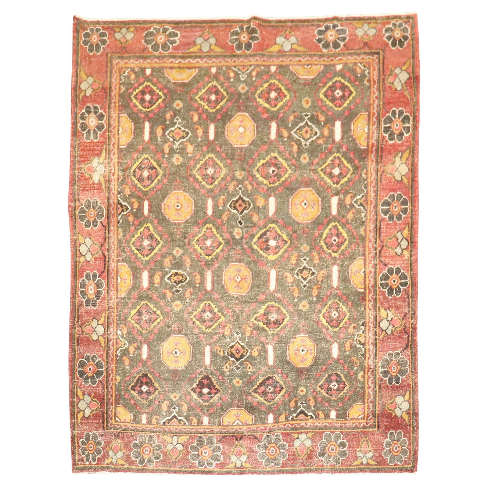 Early 1900s Turkish Oushak Hand-Knotted Wool Village Rug 7'2 x 8'11: Early 1900s Turkish Oushak Hand-Knotted Wool Village Rug 7'2 x 8'11 This early 20th-century antique Turkish Oushak village rug features a hand-knotted wool construction from the Oushak region of Weste