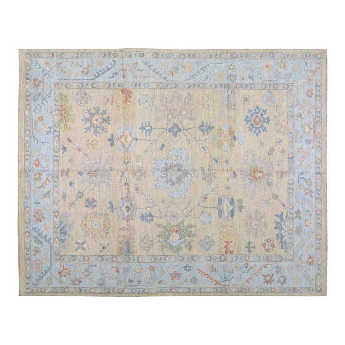 8'1 x 10'1 Wool Floral Oushak Rug Hand Knotted Contemporary Style: 8'1 x 10'1 Wool Floral Oushak Rug Hand Knotted Contemporary Style This contemporary Oushak rug features a hand-knotted wool construction with natural tan coloring and a floral pattern. The rug is fine