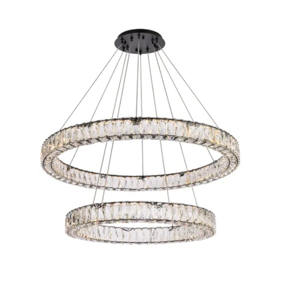 Monroe Black LED Crystal Ring Chandelier 36 inch: Monroe Black LED Crystal Ring Chandelier 36 inch This modern crystal chandelier features two tiers of stainless-steel rings with a sleek black finish, adorned with royal-cut clear crystals for a stunn