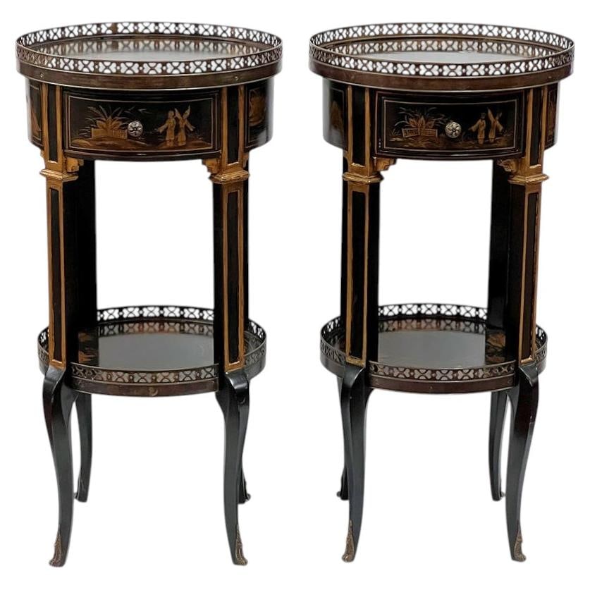 Set of 2 Chinoiserie Black Lacquer Wood Side Tables Brass Gallery (1 of 17)
