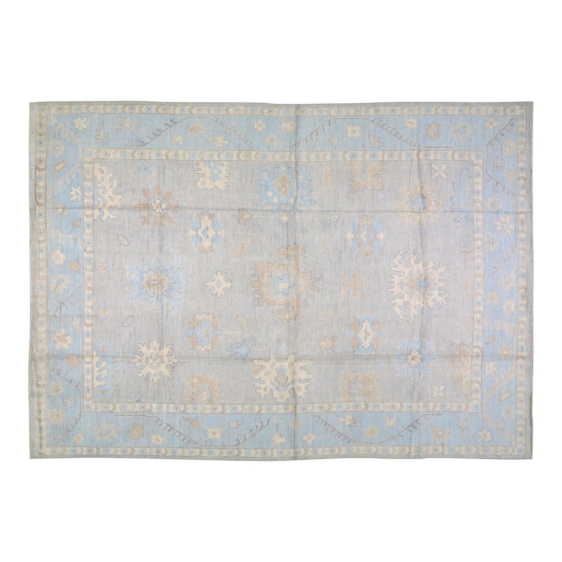 Gray Hand Knotted Wool Oushak Rug from Pakistan 10'x14'1": Gray Hand Knotted Wool Oushak Rug from Pakistan 10'x14'1" This Pakistani Oushak rug features a hand-knotted wool construction, offering a soft texture and a classic design. The rug showcases a gray co